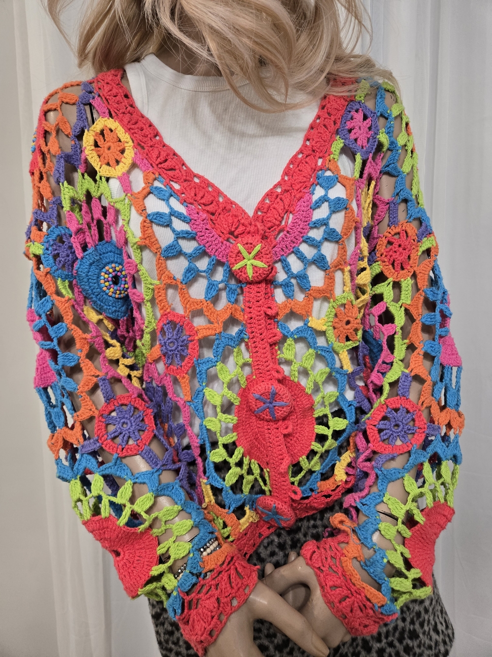 Vintage Mi Multicolor Crochet V-Neck Sweater.